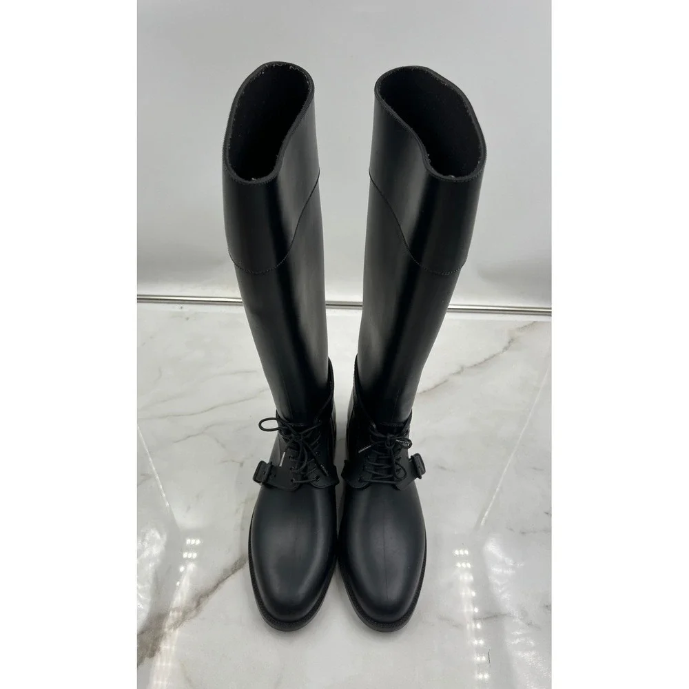 GIVENCHY Rain Boots Womens Sz 10 Tall Black Rubber Wellies Made in Italy Lace Up